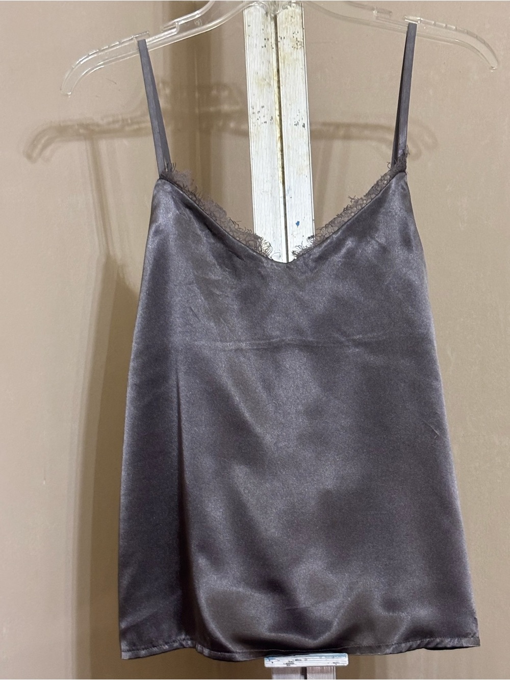 Boohoo Charcoal Grey Satin Lace Trim Cami Top Size 10 V-Neck Boudoir